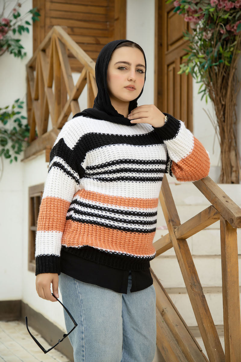 Knitted Boat-neck Stripped Sweater - BERIONY